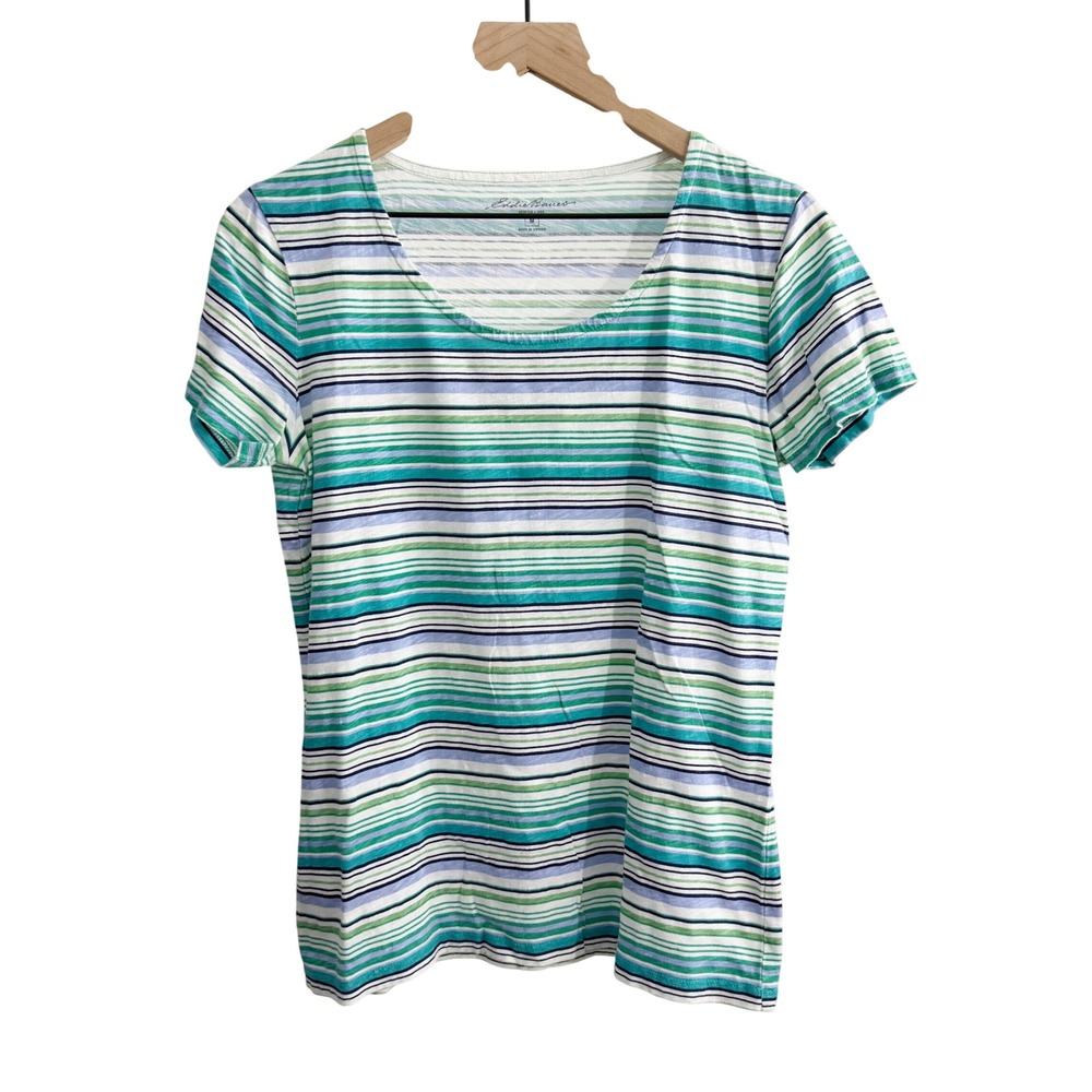 Eddie Bauer Striped T-Shirt Blue Medium Preppy Coastal Casual Clean Girl Classic